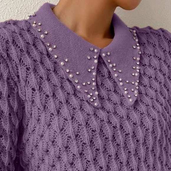 knit gem bedazzled collar sweater chic elegant streetwear purple - Picture 5 of 6